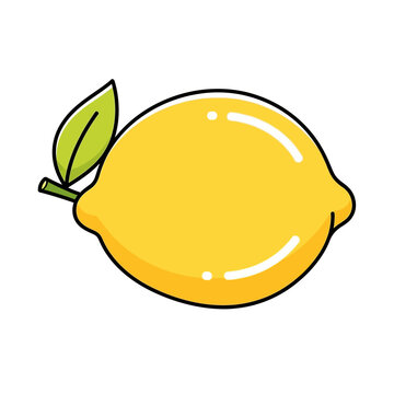 A bright yellow lemon with a green leaf attached is centered on a clean background from a straightforward viewpoint