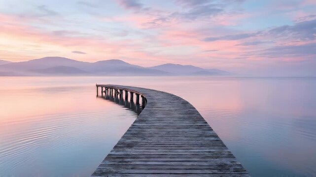Serene dock extends into calm lake at sunrise with mountains in the background, captured in a tranquil video scene