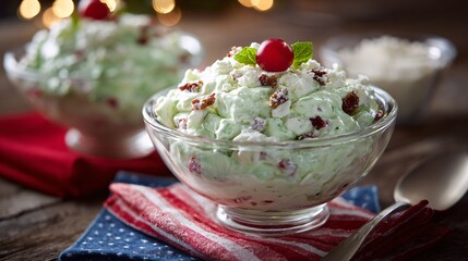 Watergate salad styled for American holiday spread, subtle patriotic color hints