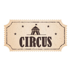 Vintage circus ticket with tent illustration and stars on aged parchment paper