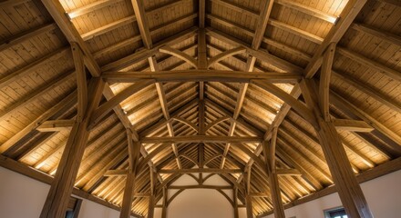 Naklejka premium Architectural detail of wooden timber roof with exposed beams and symmetrical design in warm lighting