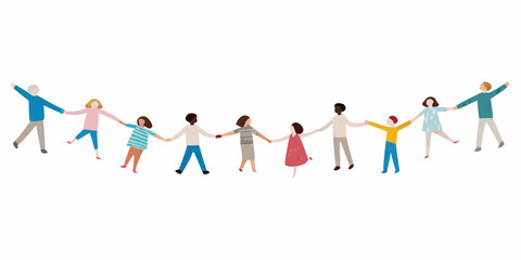 A diverse group of people holding hands in a colorful line