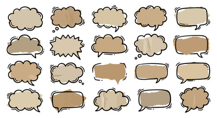 Hand drawn doodle speech bubbles set with brown paper textures and messy sketch outlines. A vector illustration collection for creating comics, scrapbooking layouts, and social media posts. © MH HASIB