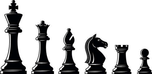 Black chess pieces silhouette set isolated on white background including king queen bishop knight rook and pawn figures for strategy games © BIPUL