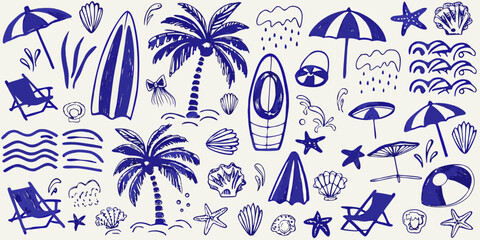 Blue sketches of summer beach umbrellas surfboards palm trees and seashells © PabanBiswas