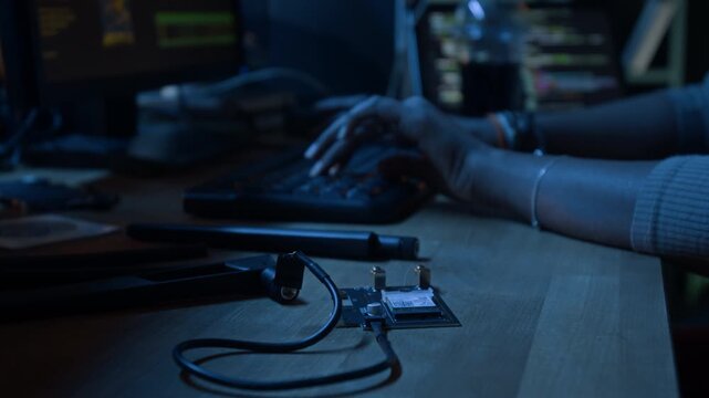 Close up on wireless dual band wi fi card resting on desk while female hacker typing code on computer keyboard breaching secured system during late night at office