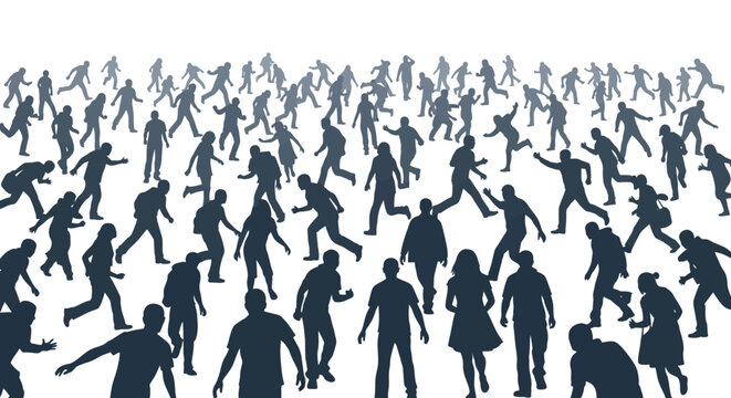 A densely packed multitude of anonymous human silhouettes rushes forward in a dynamic, chaotic mass illustrating urgent crowd movement and large-scale population activity.