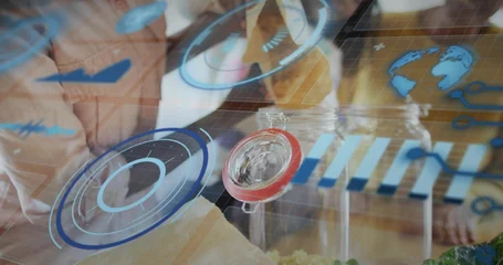 Fotobehang Koken Reaching mother wearing light tan jacket handing glass clamp-top jar in kitchen, with HUD overlays  © vectorfusionart