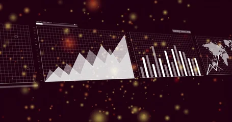 Fotobehang Buffet Hovering panels showing area, bar and world map plus line chart in dark virtual dashboard, bokeh  © vectorfusionart