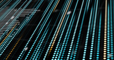 Displaying angled black LED panel glowing diagonally in dark, showing turquoise and yellow dots