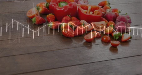 Fotobehang Vlees Showing cut strawberries, tomatoes, red bell pepper, radishes on wood tabletop, white chart overlay  © vectorfusionart