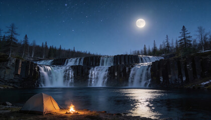 Naklejka premium Beautiful natural landscape featuring a massive waterfall and scenic foreground