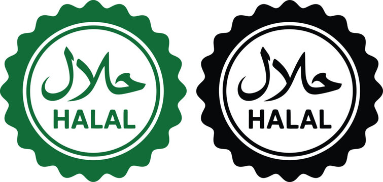 Green and black halal certification badges with arabic and english text