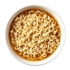 Warm instant noodles with curly golden strands in savory brown broth, served in a white bowl