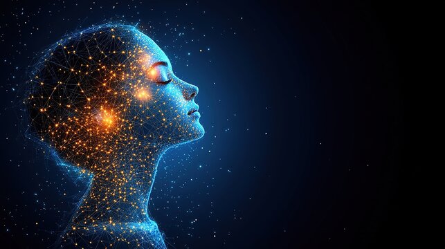 Side - profile of a Woman with Digital Wireframe Overlay Against a Starry Background