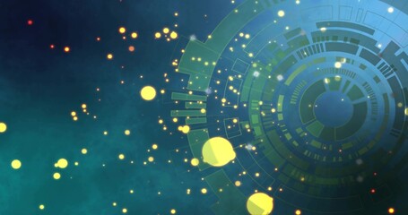 Fototapeta premium Displaying concentric HUD rings on right over teal-navy gradient with glowing orbs, copy space