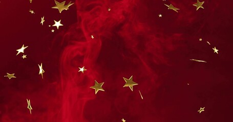 Floating gold five-pointed star confetti drifting across crimson smoke backdrop, with highlights