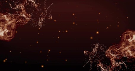 Fototapeta premium Swirling abstract particle formations drifting across maroon-black gradient, copper-gold sparks