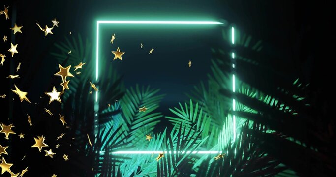 Glowing cyan neon frame casting teal light on studio set, with palm fronds drifting gold confetti