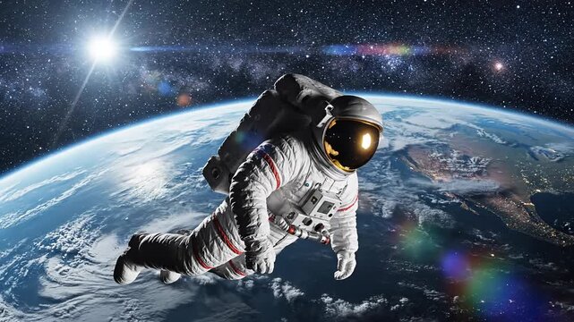 Astronaut floating in space above Earth, sun and stars in background