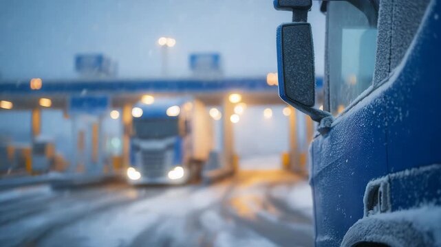 6Macro-style close-up of side mirrors and doors of queued trucks at a winter border checkpoint, surfaces glazed with frost, snow clinging to rivets and handles, blurred customs boot