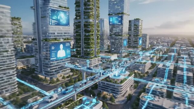 Futuristic Smart City with Drones, Connected Buildings, and Autonomous Transportation, Digital