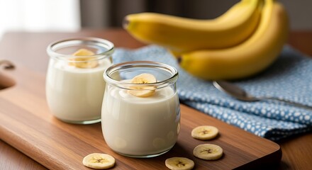 Two jars of yogurt with sliced banana on a wooden board, surrounded by fresh fruit and a blue cloth