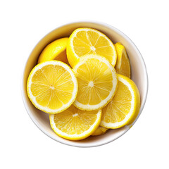 White bowl brimming with bright yellow whole and sliced lemons, top-down view, on black