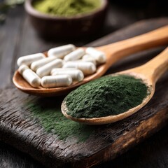 Spirulina or chlorella green powder and capsules in wooden spoons on dark rustic wooden background