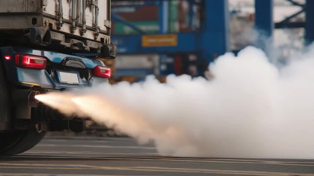 31Macro-style close-up of exhaust pipes and rear sections of trucks in a customs queue, thick vapor clouds rising, taillights reflecting off metallic surfaces, concrete inspection la
