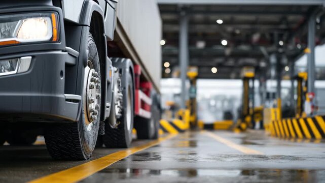 30Close-up view of truck wheels and lower chassis in a customs queue, thick tire treads coated with grime, reflective puddles on the road surface, steel guardrails and checkpoint lan