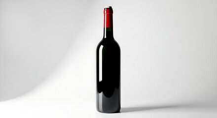 A bottle of wine with a red cap standing on a plain surface viewed from the front casting a subtle shadow