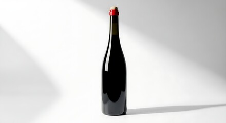 A dark wine bottle with red seal standing alone on white surface with dramatic shadows