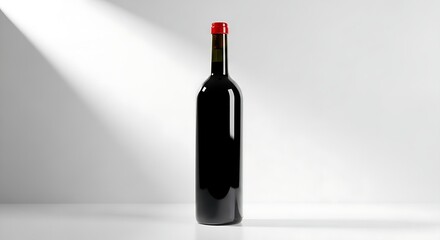 A dark bottle with a red cap stands upright on a white surface, illuminated by a beam of light from the left side, against a plain background.