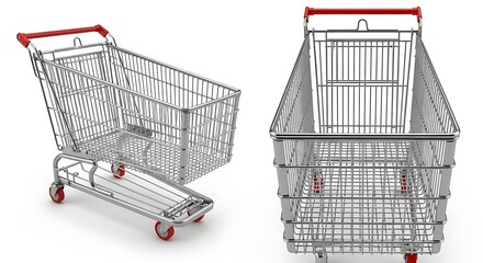 Two shopping carts, one tilted and one upright, displayed side by side on a plain background from a frontal viewpoint