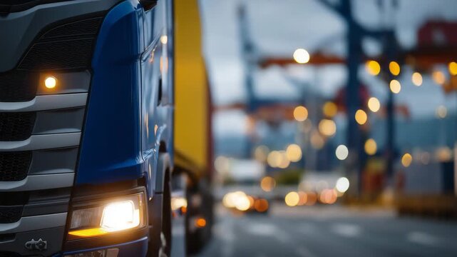 36Close-up of side panels and mirrors of trucks waiting at customs, scratches and rivets clearly visible, amber clearance lights glowing, scanning equipment and customs signage blurr