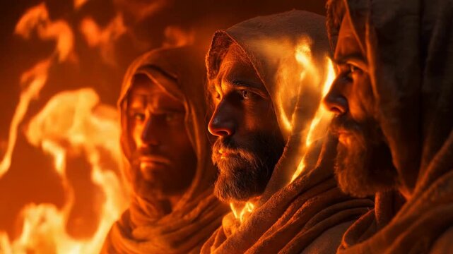Fiery furnance from Bible.
Three men standing in burning heat.
Old testament story.