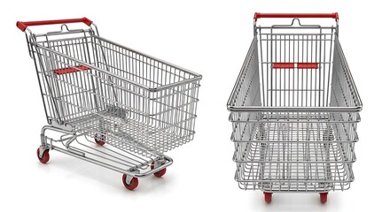 Two shopping carts with red handles and wheels, one tilted, on a clean surface, viewed from the side and front