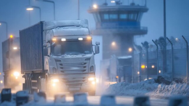 42Front-facing close-up of cargo trucks halted at a winter border crossing, headlights diffused by fog and snowfall, frozen windshield wipers at rest, security fencing and control to