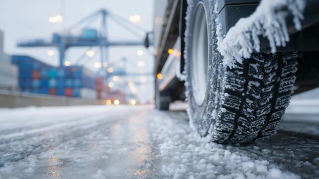 43Macro-style close-up of truck wheels and undercarriages in a winter border queue, tire treads packed with snow and ice, frozen slush clinging to metal components, icy road surface