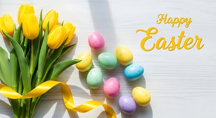 Bouquet of yellow tulips and colorful Easter eggs on wooden table, overhead view, Happy Easter greeting