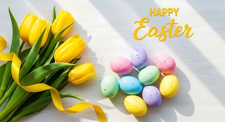A vibrant bouquet of yellow tulips and colorful Easter eggs on a white wooden surface viewed from above