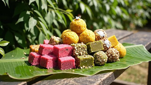 Colorful indian sweets. holi festival dessert. traditional mithai barfi. hindu religious offering. delicious festive treat.