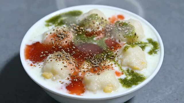 Indian cuisine chaat snack. dahi vada appetizer. savory yogurt dish. traditional festival food. delicious cultural meal.