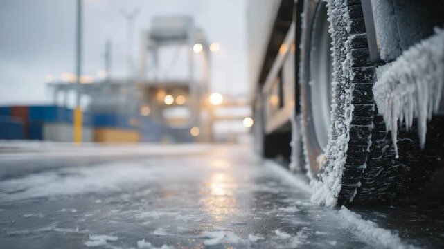 46Macro-style close-up of truck wheels and undercarriages in a winter border queue, tire treads packed with snow and ice, frozen slush clinging to metal components, icy road surface