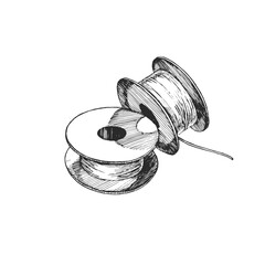 Metal sewing machine bobbins sketch vector. Hand-drawn textile thread spools in vintage ink style.