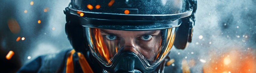 Fototapeta premium A firefighter prepares for action, showcasing determination and focus against a backdrop of flames and smoke.