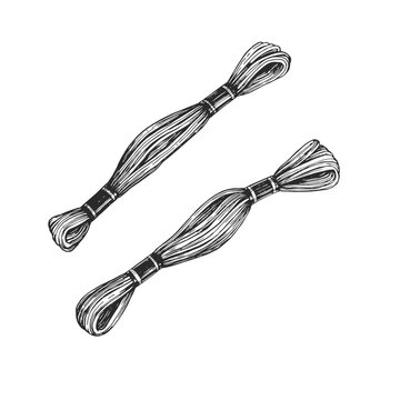 Embroidery floss skeins vector. Hand-drawn cotton thread hanks in vintage ink style. Artistic textile yarn sketch.