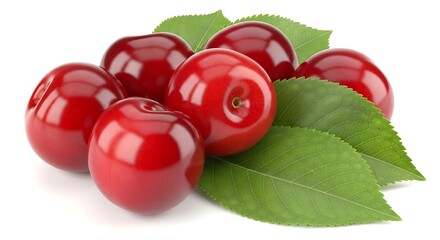 Fresh red cherries with green leaves arranged on a white surface viewed from a close-up angle