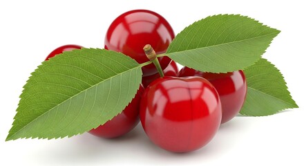 Fresh cherries with green leaves on a clean surface viewed from the front